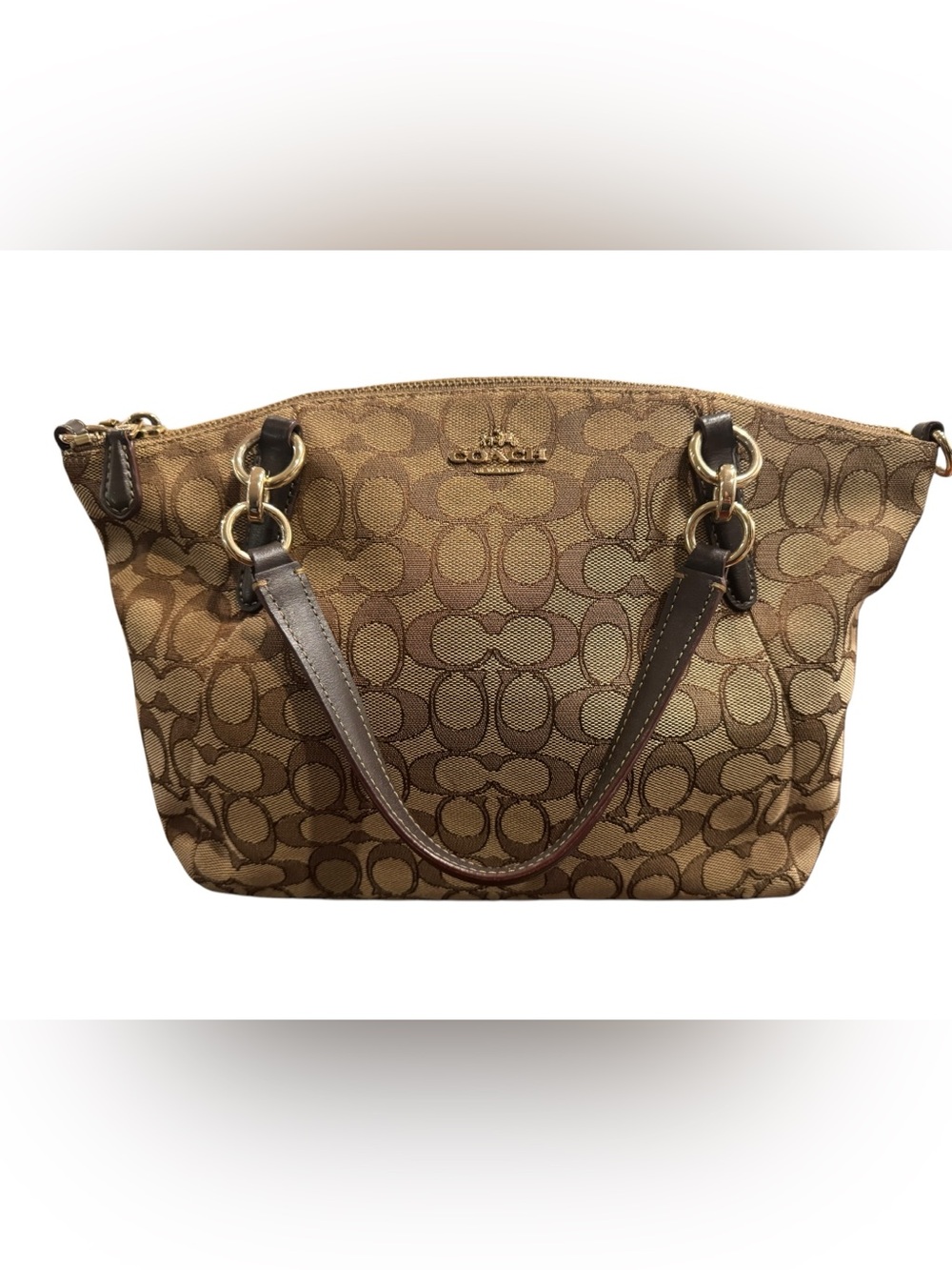 Coach Kelsey Satchel in Signature Jacquard, Khaki with Brown Leather Trim, Style